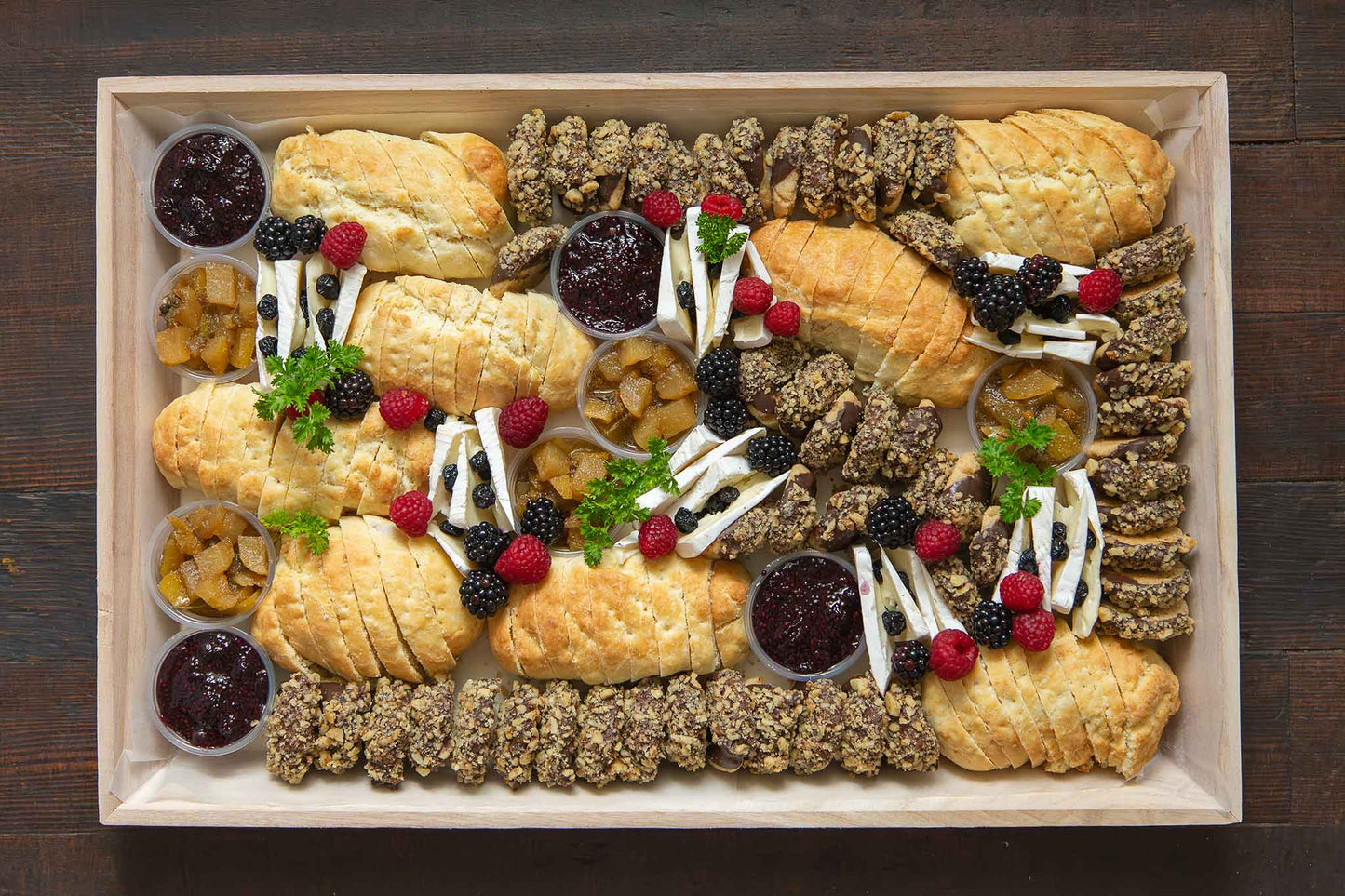 Corporate events snack board of fresh baked bannock and cookies
